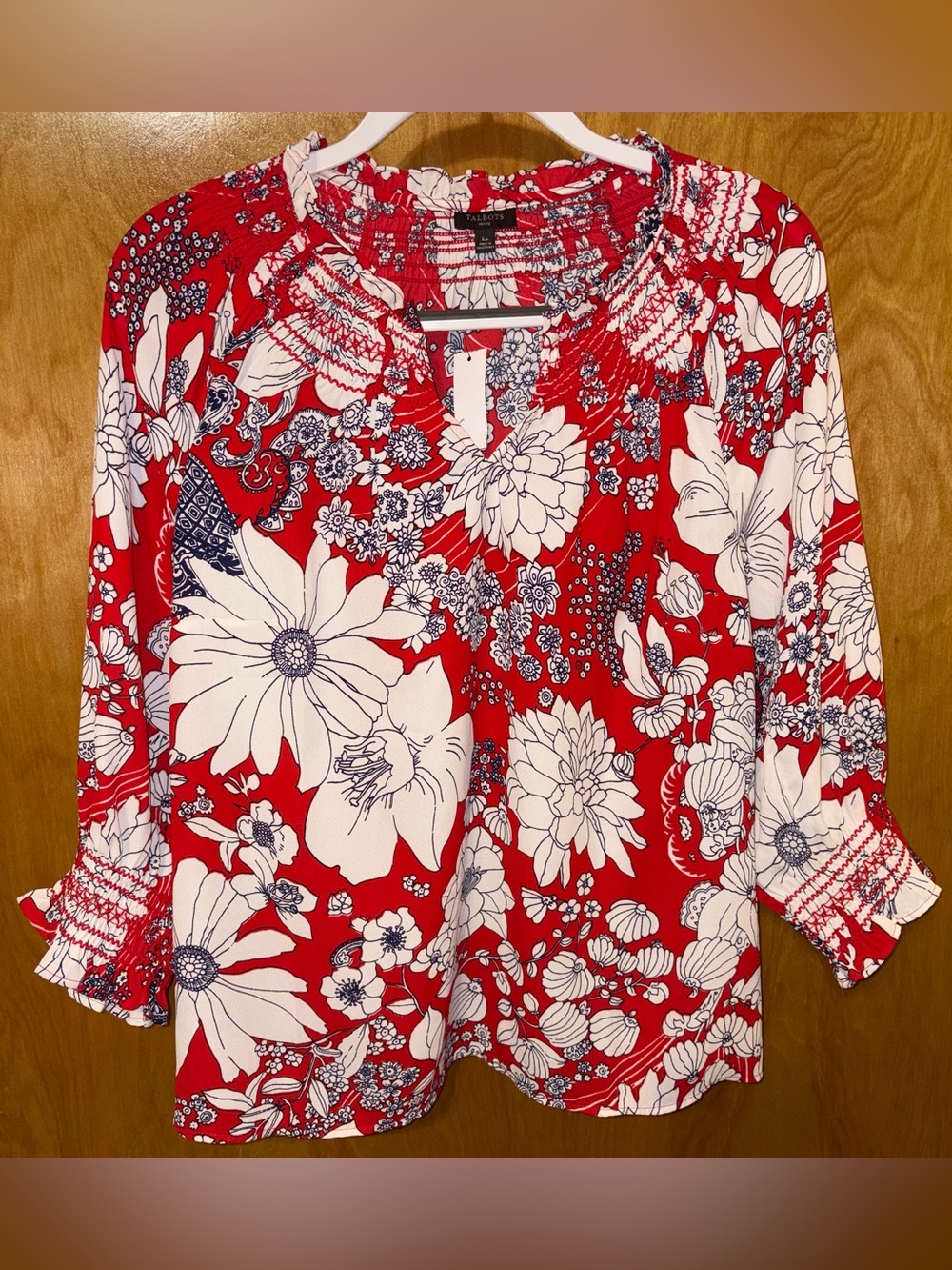 Talbots red/navy blue floral print woven blouse with smocking Size LP Petite